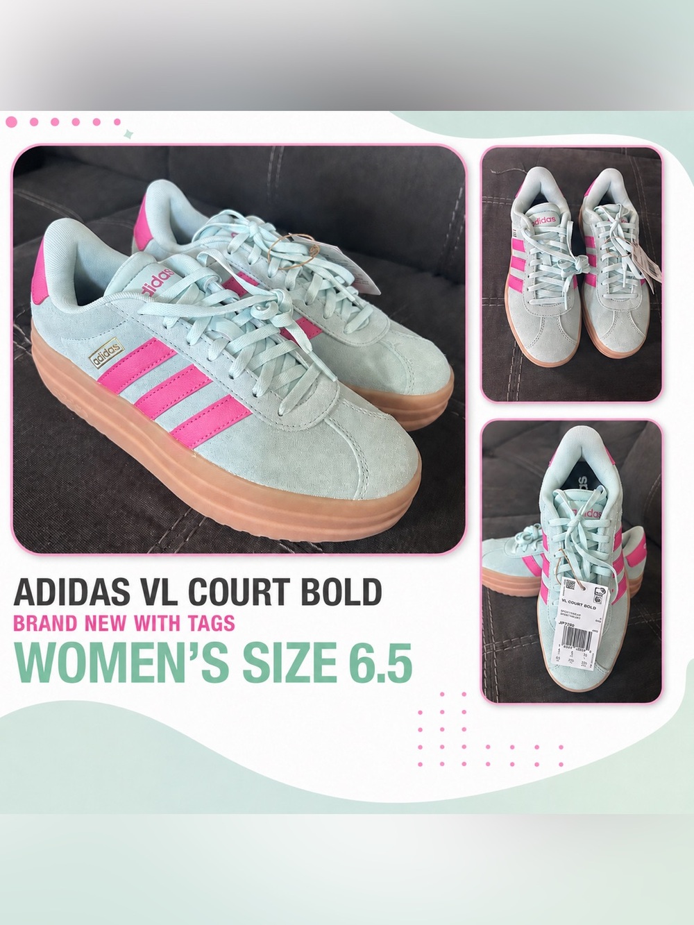 adidas VL Court Bold Sneakers in Light Blue & Pink with Gum Sole
